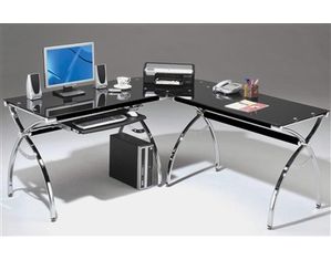 Techni Mobili L-Shaped Black Glass Workstation with Chrome Frame