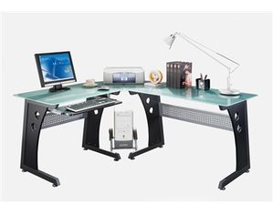 Techni Mobili L-Shaped Frosted Glass Metal Base Computer Desk