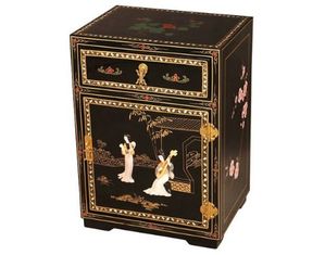 AsiaEXP Lacquer Nightstand with Jade and Mother of Pearl Musical Maidens Motif