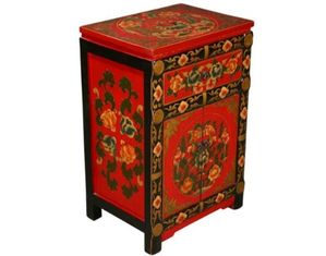 AsiaEXP Red Black Tibetan Nightstand with Painted Peony Designs