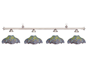 Cue & Case 71 inch Brushed Chrome Bar with Blue Dragonfly Tiffany 4-Shade Billiard Lamp