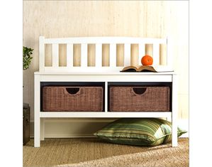 SEI White Bench with Brown Rattan Storage Baskets