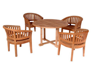 Anderson Teak 4 ft Round Table and Extra Thick Wood Curve Arm Chair Patio Dining Set - Fast FREE FedEx Shipping!