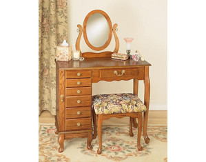 Powell Nostalgic Oak Jewelry Armoire Vanity with Mirror and Bench - Fast FREE FedEx Shipping!