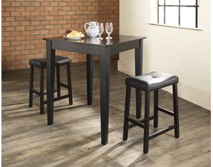 Crosley Furniture 3 piece Pub Dining Set with Tapered Leg and Upholstered Saddle Stools in Black Finish