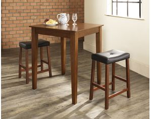 Crosley Furniture 3 piece Pub Dining Set with Tapered Leg and Upholstered Saddle Stools in Classic Cherry Finish