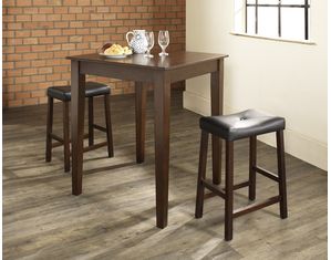 Crosley Furniture 3 piece Pub Dining Set with Tapered Leg and Upholstered Saddle Stools in Vintage Mahogany Finish