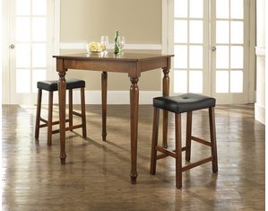 Crosley Furniture 3 piece Pub Dining Set with Turned Leg and Upholstered Saddle Stools in Classic Cherry Finish