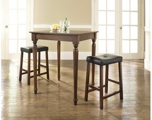 Crosley Furniture 3 piece Pub Dining Set with Turned Leg and Upholstered Saddle Stools in Vintage Mahogany Finish