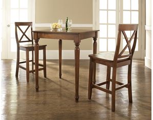 Crosley Furniture 3 piece Pub Dining Set with Turned Leg and X-Back Stools in Classic Cherry Finish