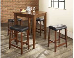 Crosley Furniture 5 piece Pub Dining Set with Tapered Leg and Upholstered Saddle Stools in Classic Cherry Finish