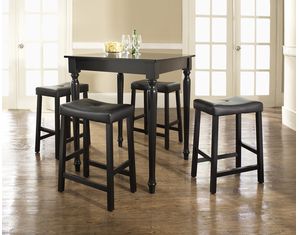 Crosley Furniture 5 piece Pub Dining Set with Turned Leg and Upholstered Saddle Stools in Black Finish