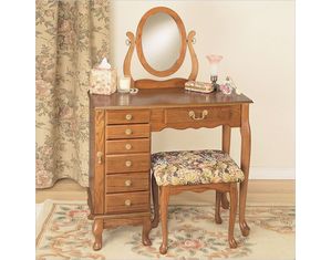 Powell Nostalgic Oak Jewelry Armoire with Vanity Mirror and Bench
