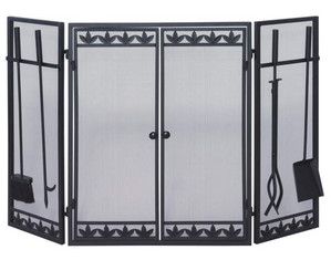 UniFlame 3 Fold Black Wrought Iron Fireplace Screen with Doors and Tools