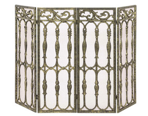 UniFlame 4 Fold Antique Gold Cast Aluminum Fireplace Screen with Removable Mesh