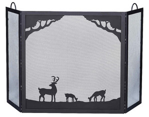 UniFlame Deluxe 3 Black Panel Wrought Iron Fireplace Screen with Deer In Forest Scene