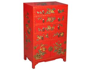 AsiaEXP Red and Pastel Accent Chest 5 Drawers and 1 Cabinet Floral Motif