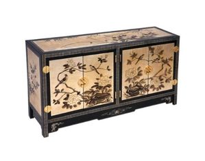 AsiaEXP Gold and Black 2 Cabinet Buffet with Painted Flowers