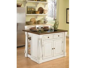 Home Styles Furniture Monarch Antiqued White Kitchen Island featuring Hardwood Top with Black Granite Inset 3 piece set incl. 2 stools