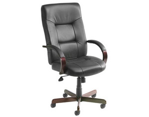 Boss Chair Black Italian Leather High Back Executive Chair with Mahogany Finish - Fast FREE FedEx Shipping!