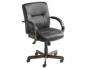 Boss Chair Black Italian Leather Mid Back Executive with Mahogany Finish Chair - Fast FREE FedEx Shipping!